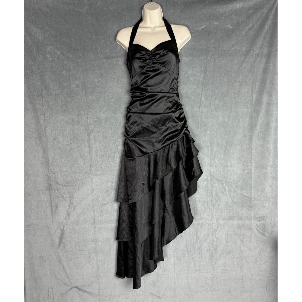 Y2K‎ Juno Collection Dress S Black Satin Halter Ruched Ruffle 90s Whimsigoth